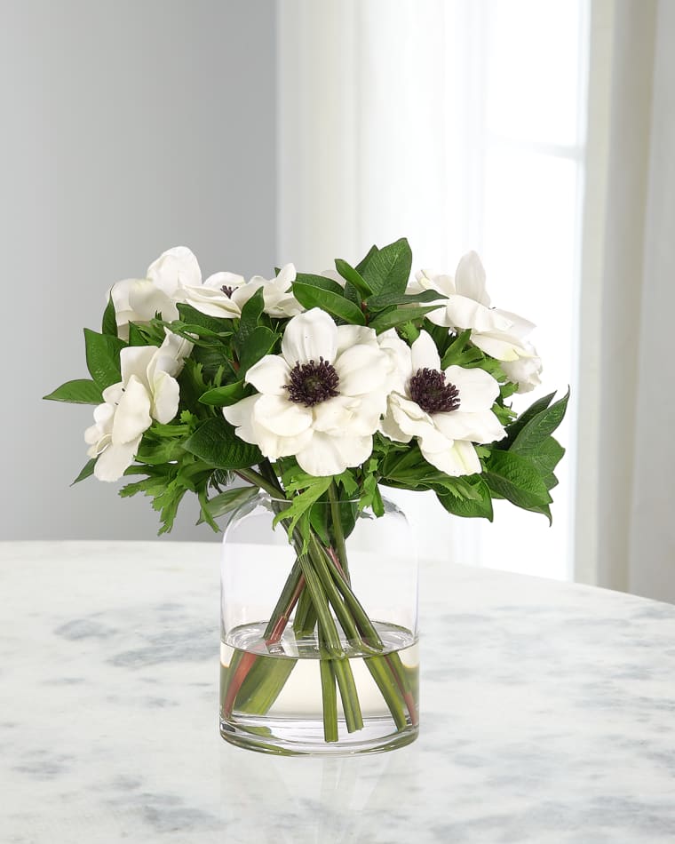 NDI White Anemones 12" Faux Floral Arrangement in Glass Cylinder