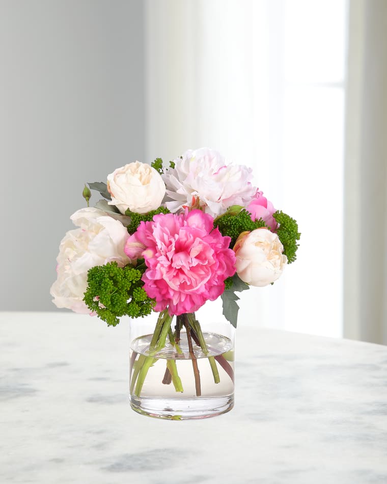 NDI Pink & Cream Peonies 12" Faux Floral Arrangement in Glass Vase