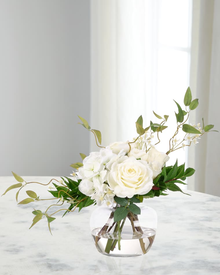 NDI White Hydrangeas & Roses 28" Faux Floral Arrangement in Glass Vase