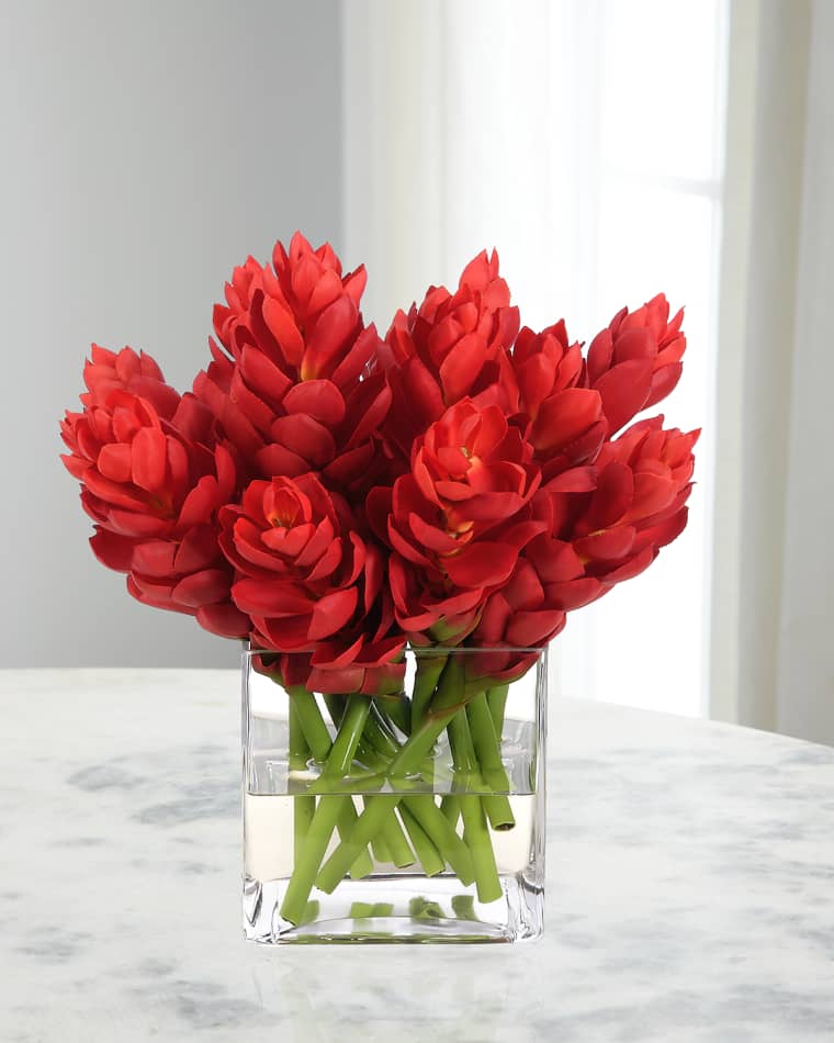 NDI Red Ginger 14" Faux Floral Arrangement in Glass Cube