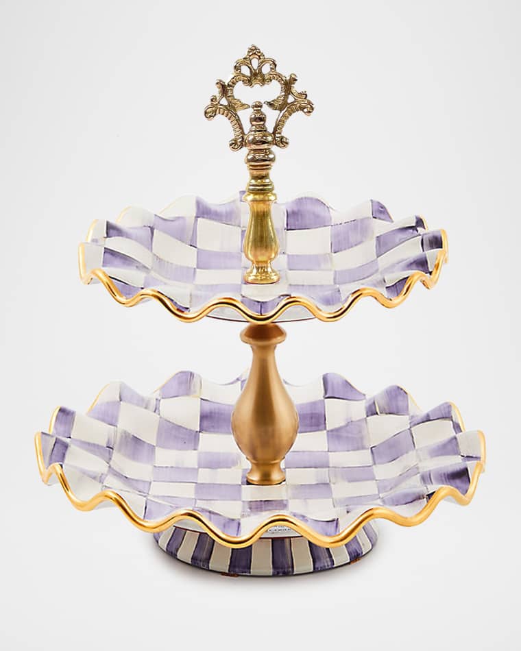 MacKenzie-Childs Plum Check Fluted Ceramic Two-Tier Sweet Stand