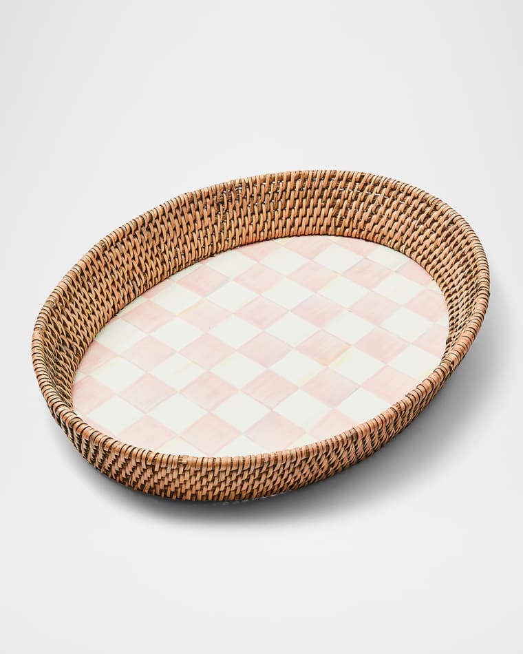 MacKenzie-Childs Rosy Check Large Enamel Rattan Serving Tray