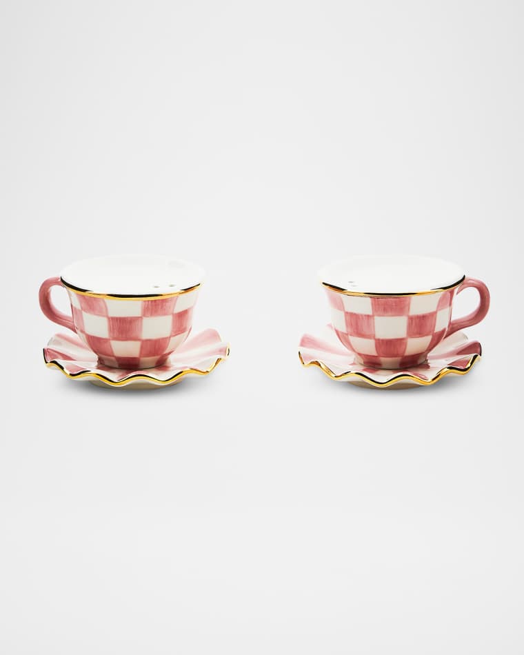 MacKenzie-Childs Rosy Check Teacup Salt & Pepper Shaker Set