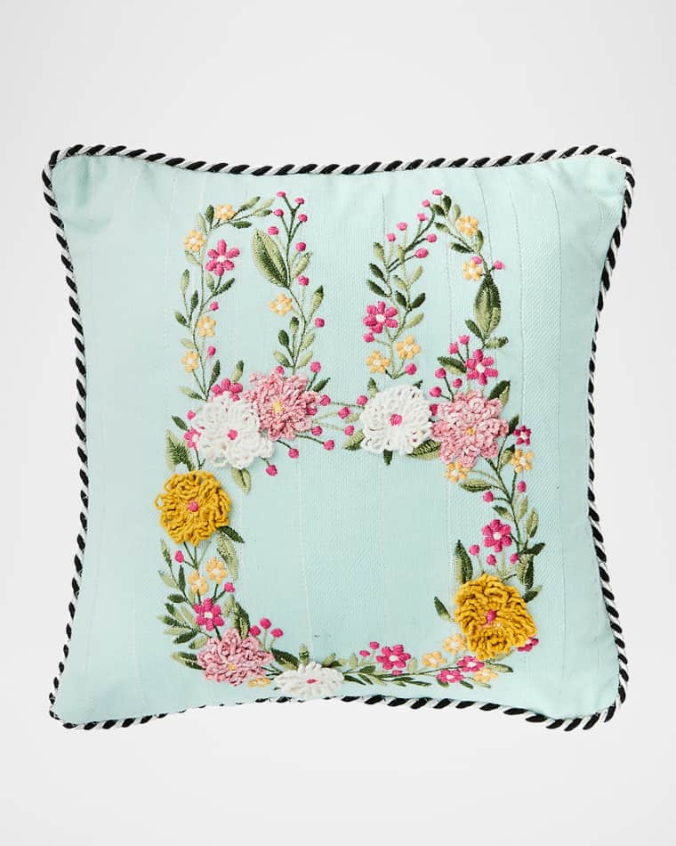 MacKenzie-Childs Floral Bunny Embroidered Throw Pillow, 12" Square