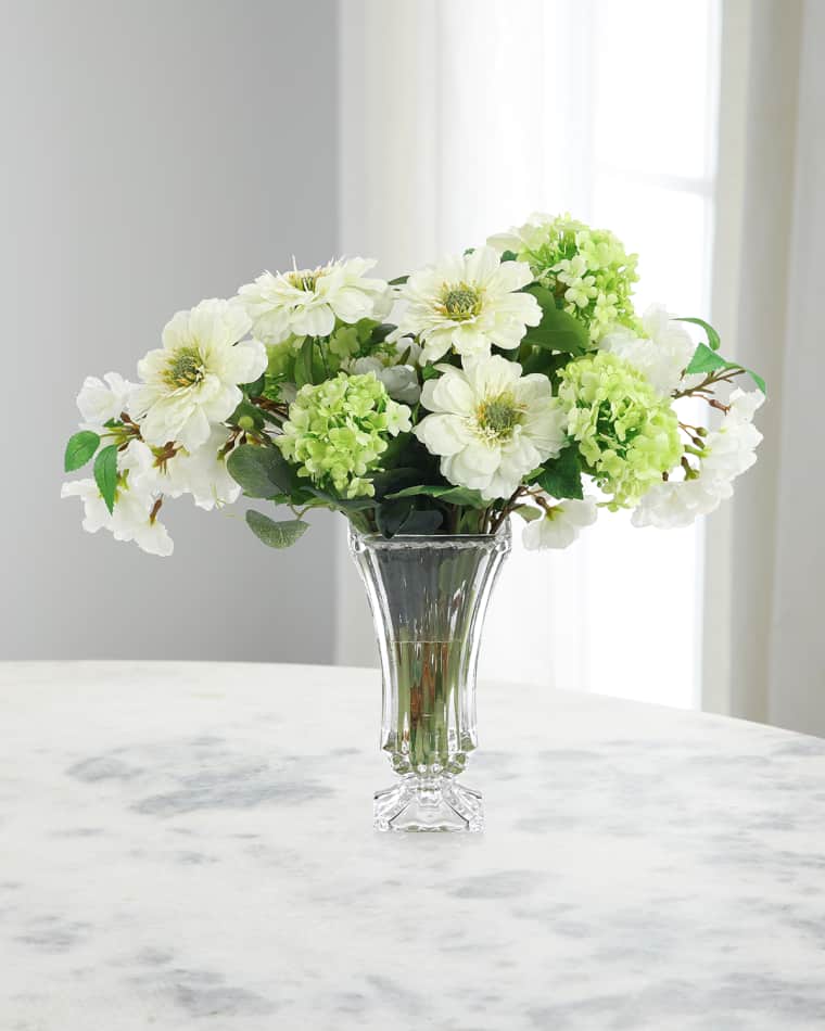John-Richard Collection Chilly White Zinnias 21" Faux Floral Arrangement in Glass Vase
