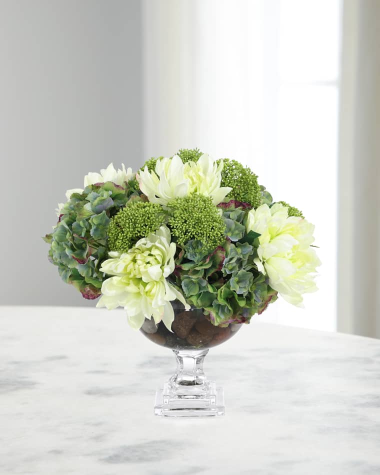 John-Richard Collection Teal Green Hydrangeas 18" Faux Floral Arrangement in Glass Vase