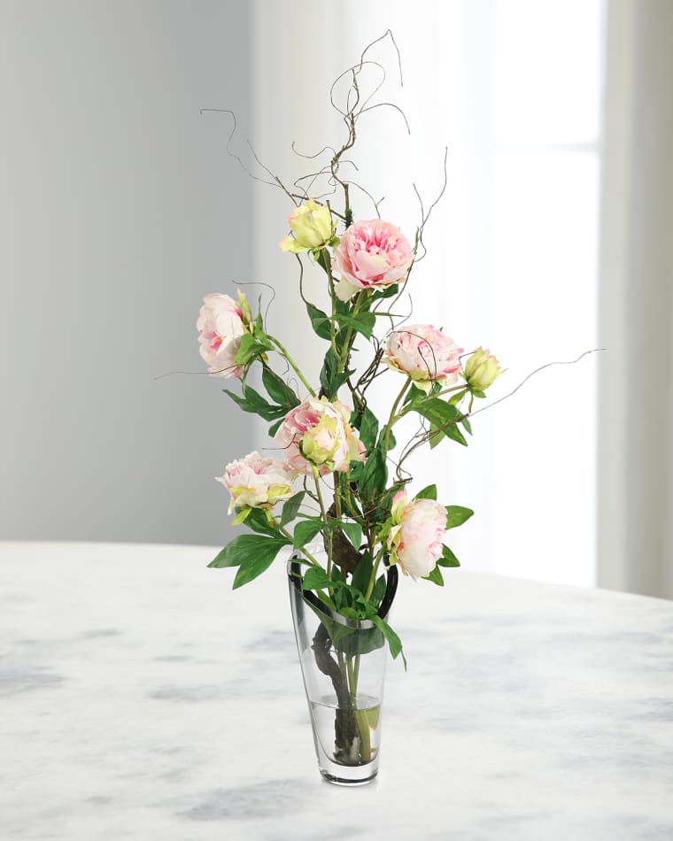 John-Richard Collection Smoky Glass Peonies 42" Faux Floral Arrangment in Glass Vase