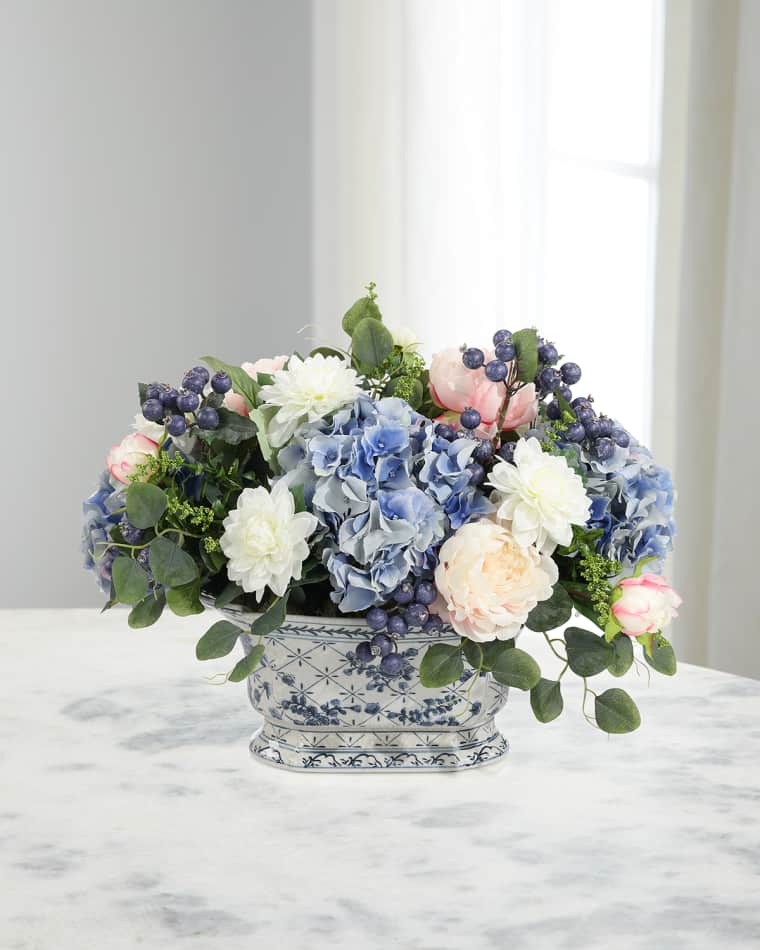 John-Richard Collection Blue Chinoiserie 22" Faux Floral Arrangement in Ceramic Urn