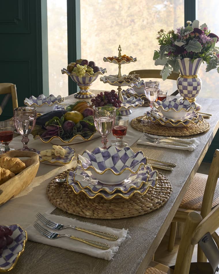 MacKenzie-Childs Plum Check Fluted Ceramic Dinner Plate Plum Check Fluted Ceramic Dessert Plate Plum Check Medium Ceramic Fluted Serving Bowl