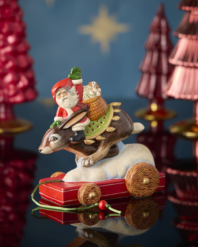 Vaillancourt Folk Art Santa on Rabbit Pull Toy Christmas Figurine