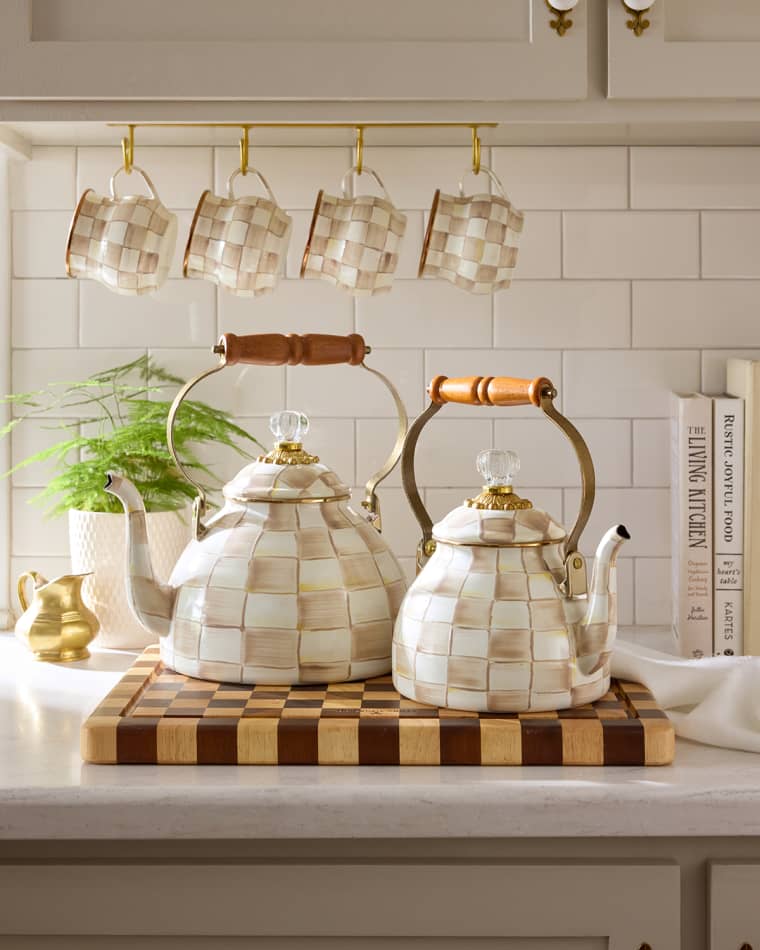 MacKenzie-Childs Mocha Check Tea Kettle, 3 Quarts Mocha Check Tea Kettle, 2 Quarts
