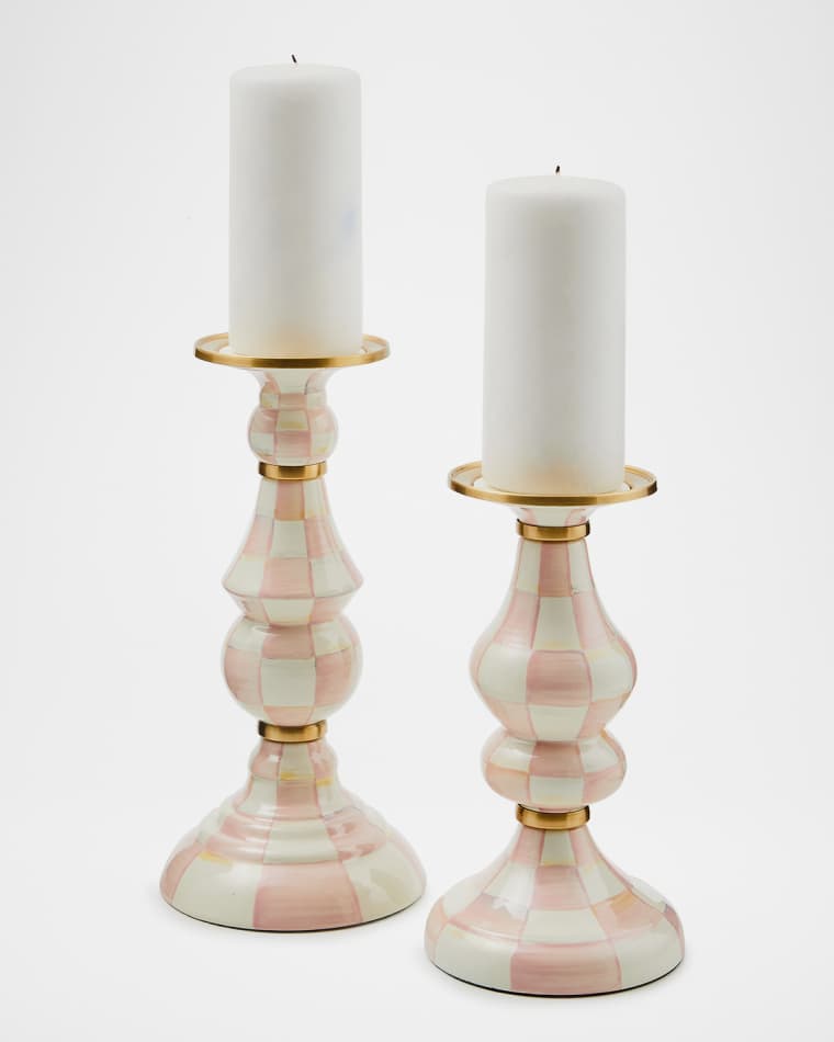 MacKenzie-Childs Rosy Check Large Pillar Candlestick Rosy Check Medium Pillar Candlestick