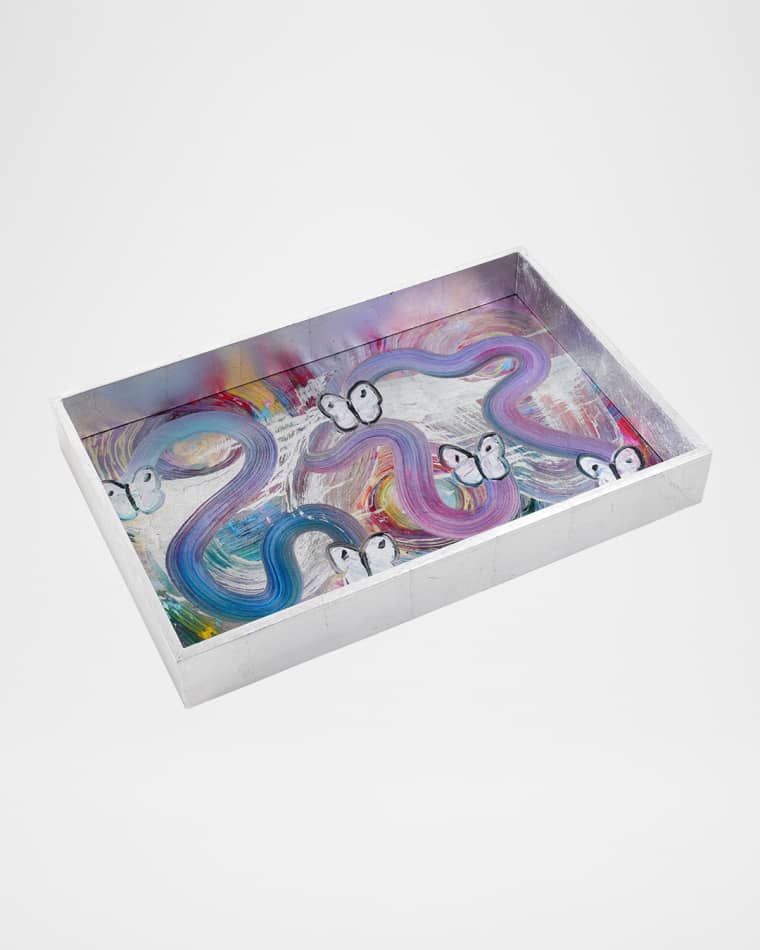 Hunt Slonem Butterfly Ribbon Silver Leaf Vanity Tray