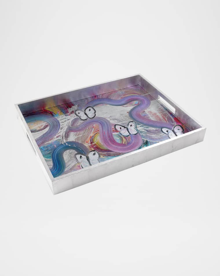 Hunt Slonem Butterfly Ribbon Silver Leaf & Lacquer Tray