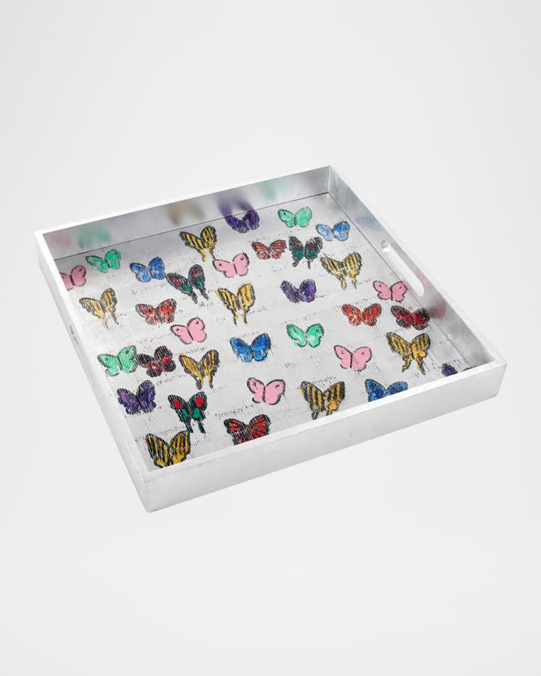 Hunt Slonem Butterflies Around The World Silver Leaf Tray