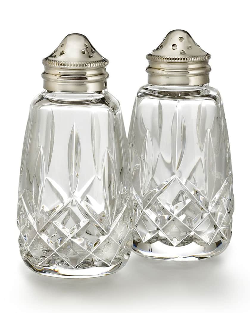 Waterford Crystal Lismore Salt and Pepper Shaker Pots Silverplate Lids 3 5/8" H 