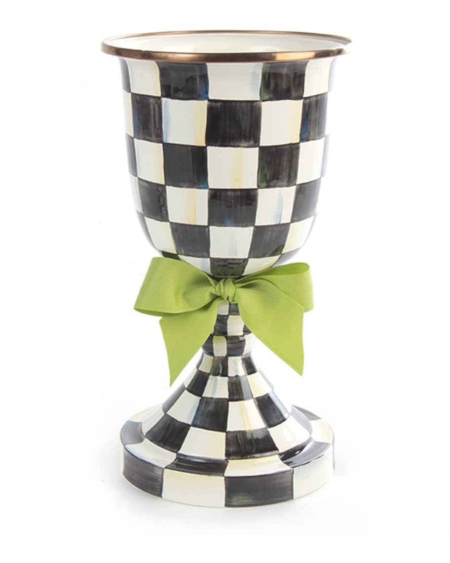 MacKenzie Childs Courtly Check Pedestal Vase with Green Bow Horchow