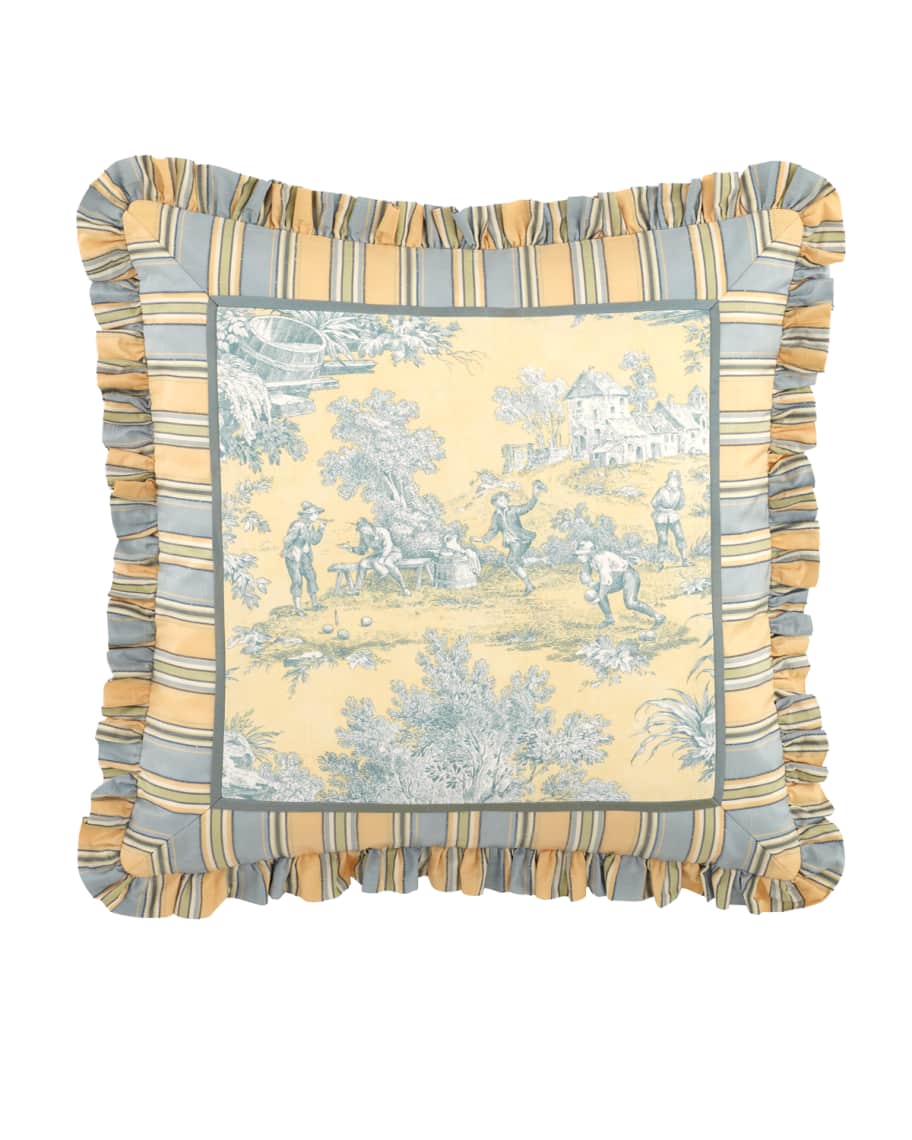 Image 1 of 1: 20"Sq. Lutece Cypress Toile Pillow w/ Striped Ruffle