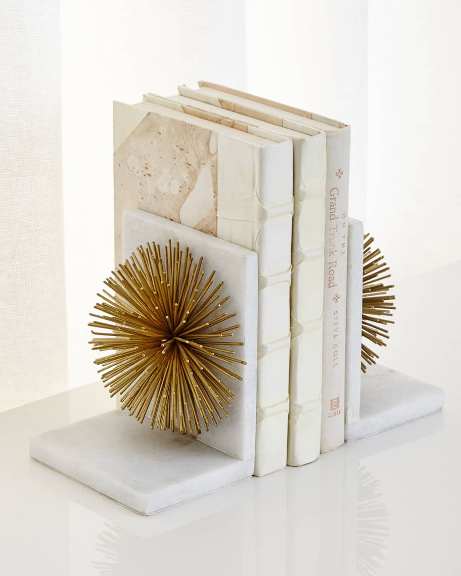 Image 1 of 1: Gold Burst on White Marble Bookends