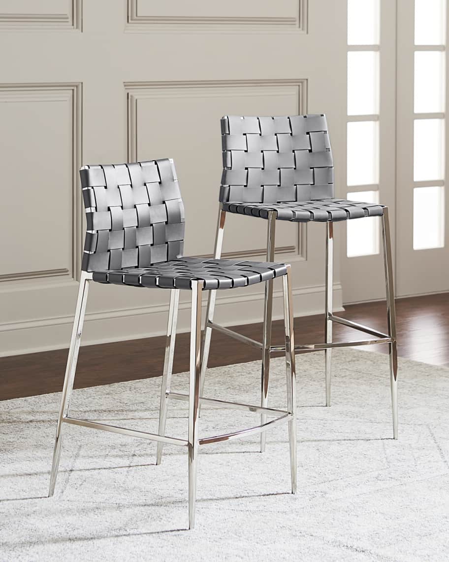Image 1 of 4: Kennedy Woven Leather Counter Stool, Gray