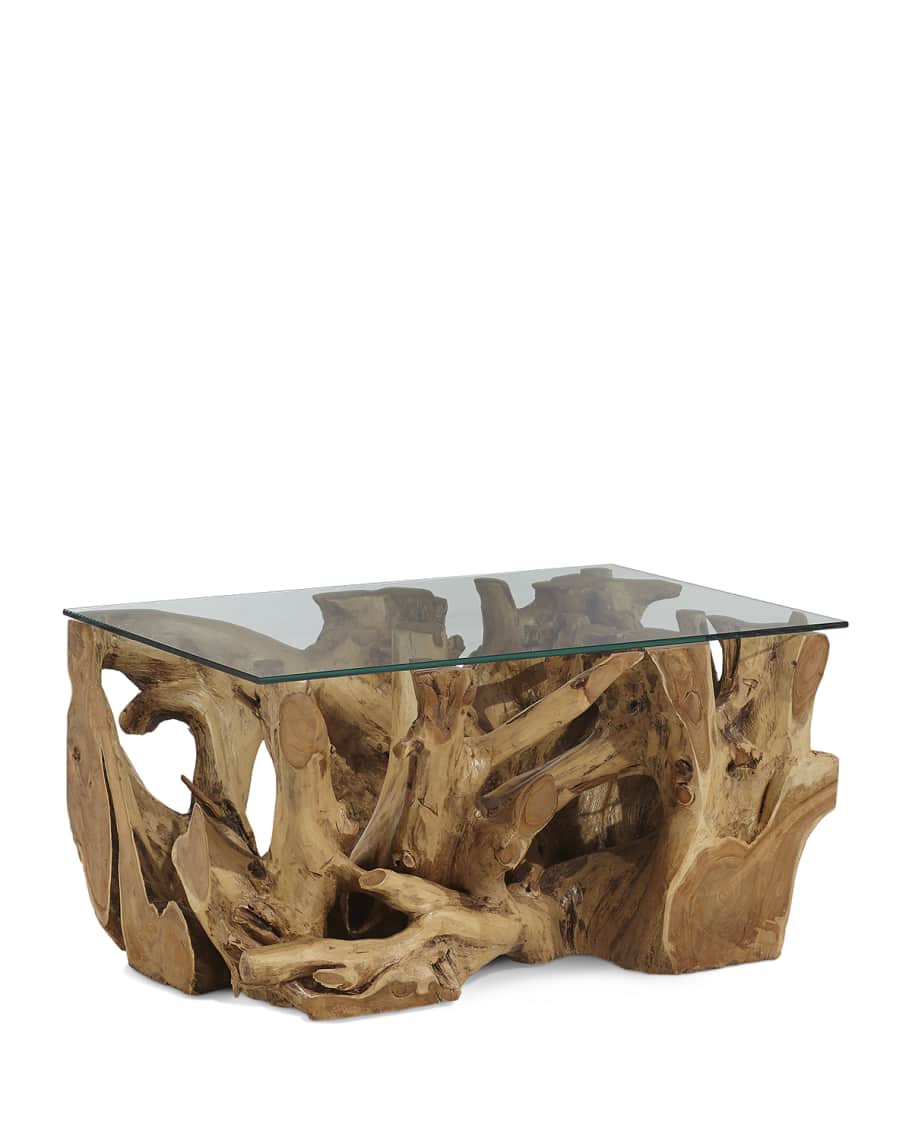 Image 2 of 3: Teak Root Coffee Table with Glass Top