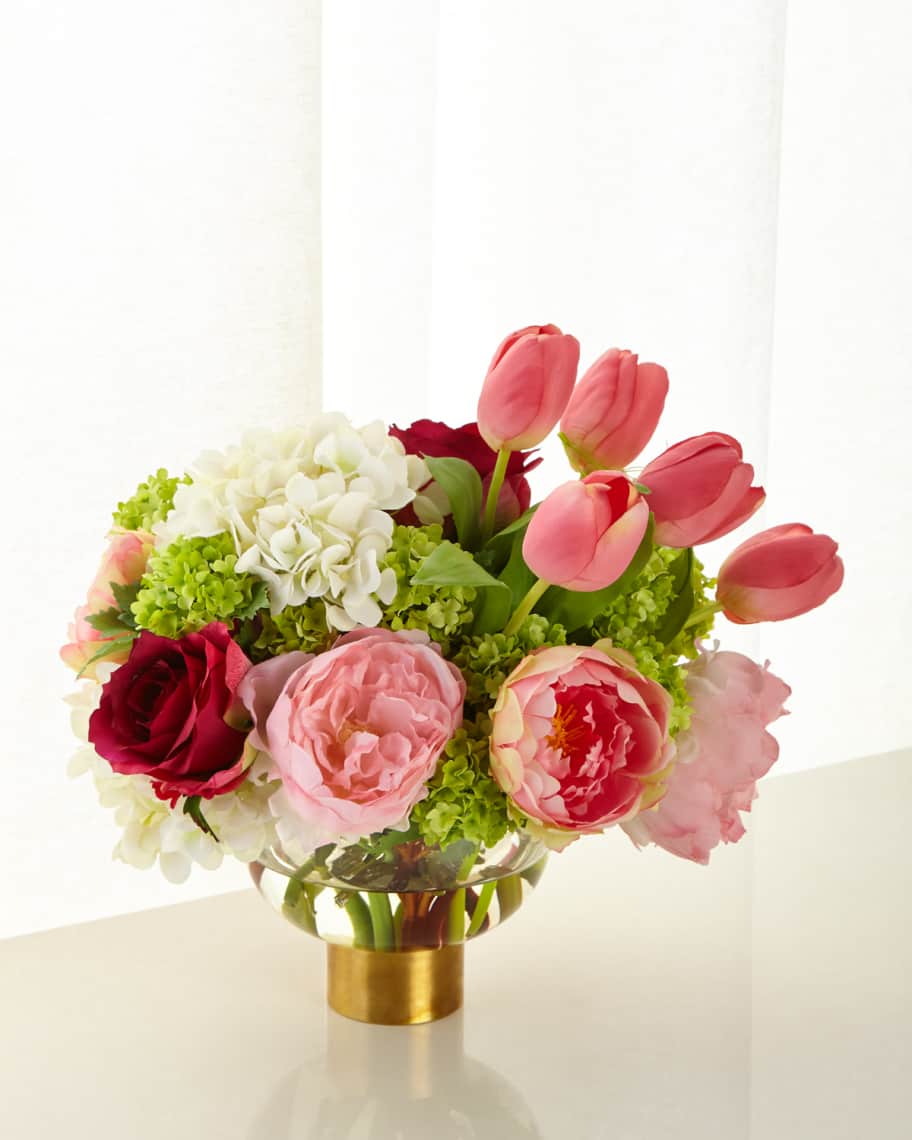 Image 1 of 2: Pink and White Peony Hydrangea in Glass Bowl