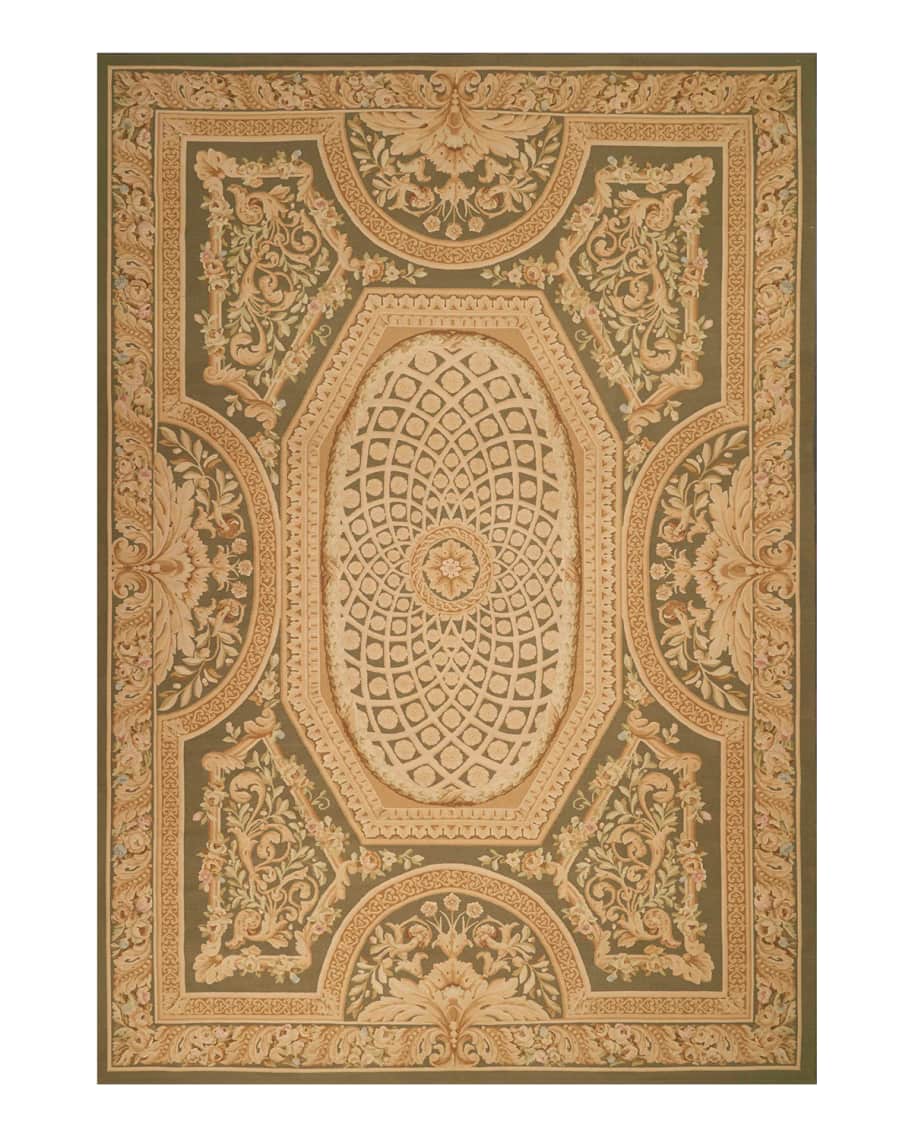 Image 2 of 2: Aubusson Hand-Knotted Olive Rug, 10' x 14'