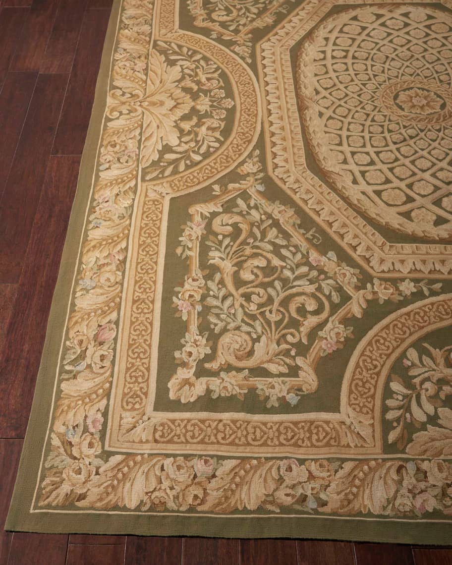 Image 1 of 2: Aubusson Hand-Knotted Olive Rug, 10' x 14'