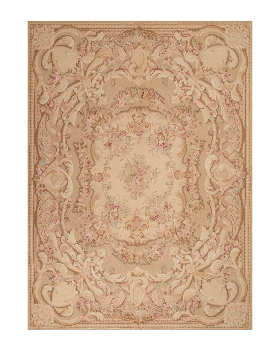 Image 2 of 2: Aubusson Hand-Knotted Antiqued Rose Rug, 9' x 12'