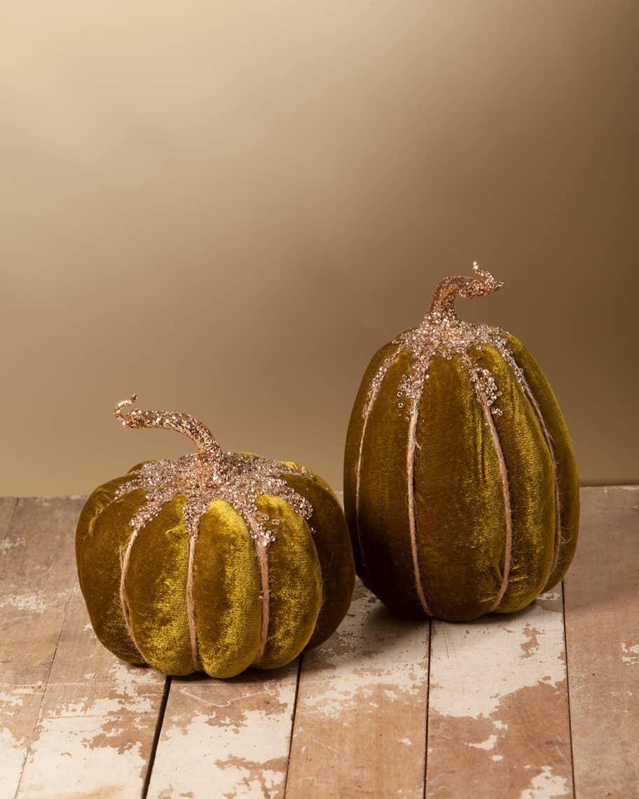Image 1 of 1: Olive Velvet Pumpkins, Set of 2