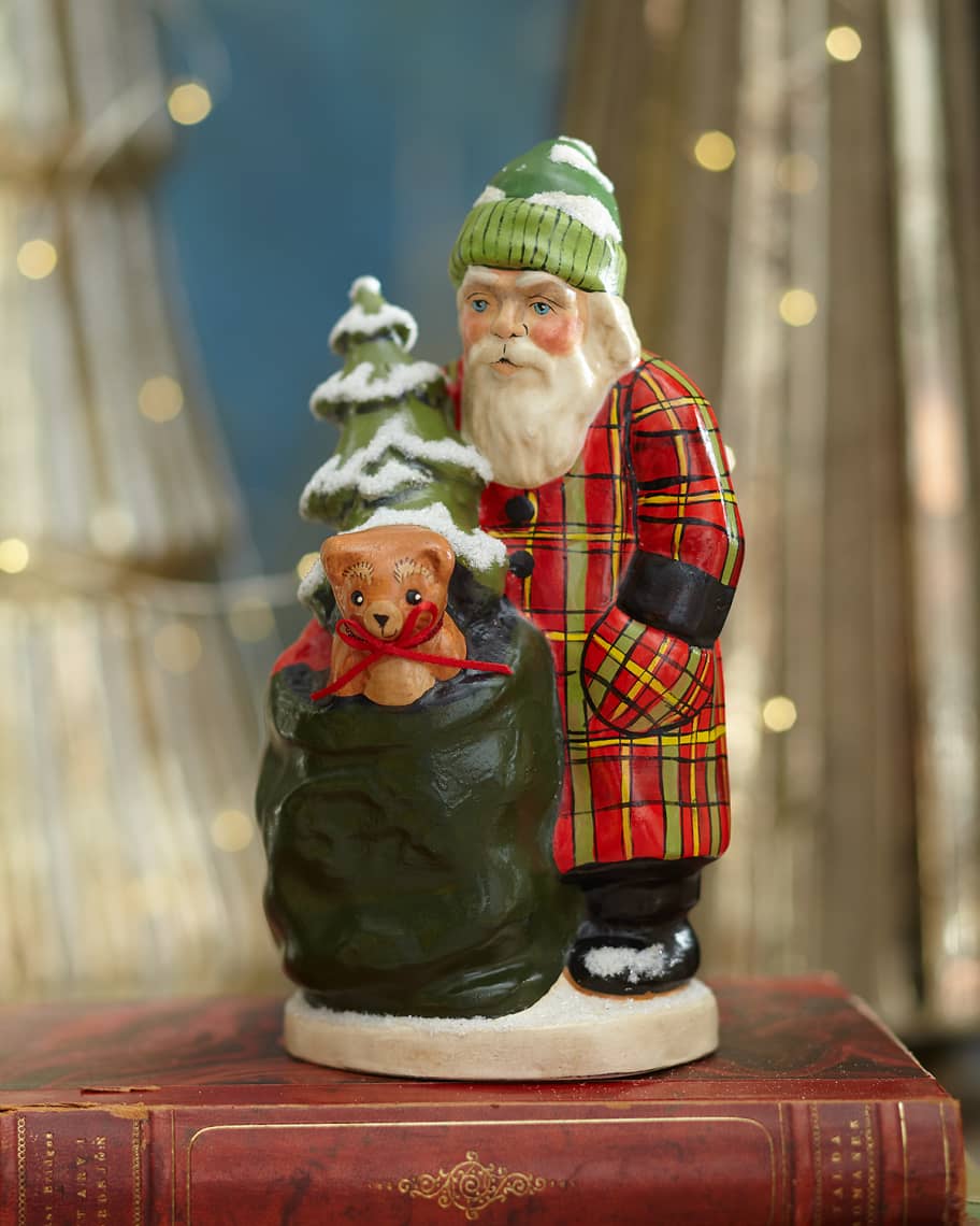 Image 1 of 1: Buffalo Plaid Santa Delivering Tree and Teddy