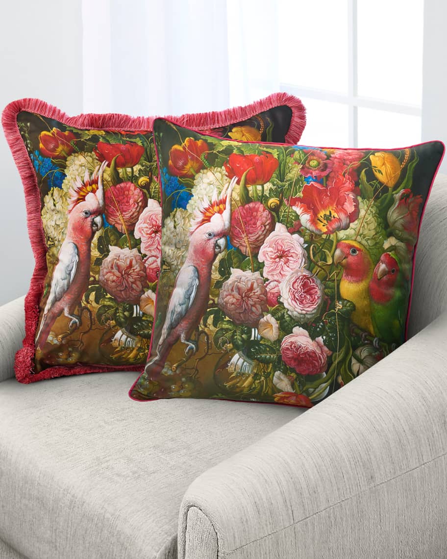 Image 2 of 2: Floral With Love Birds Silk Pillow