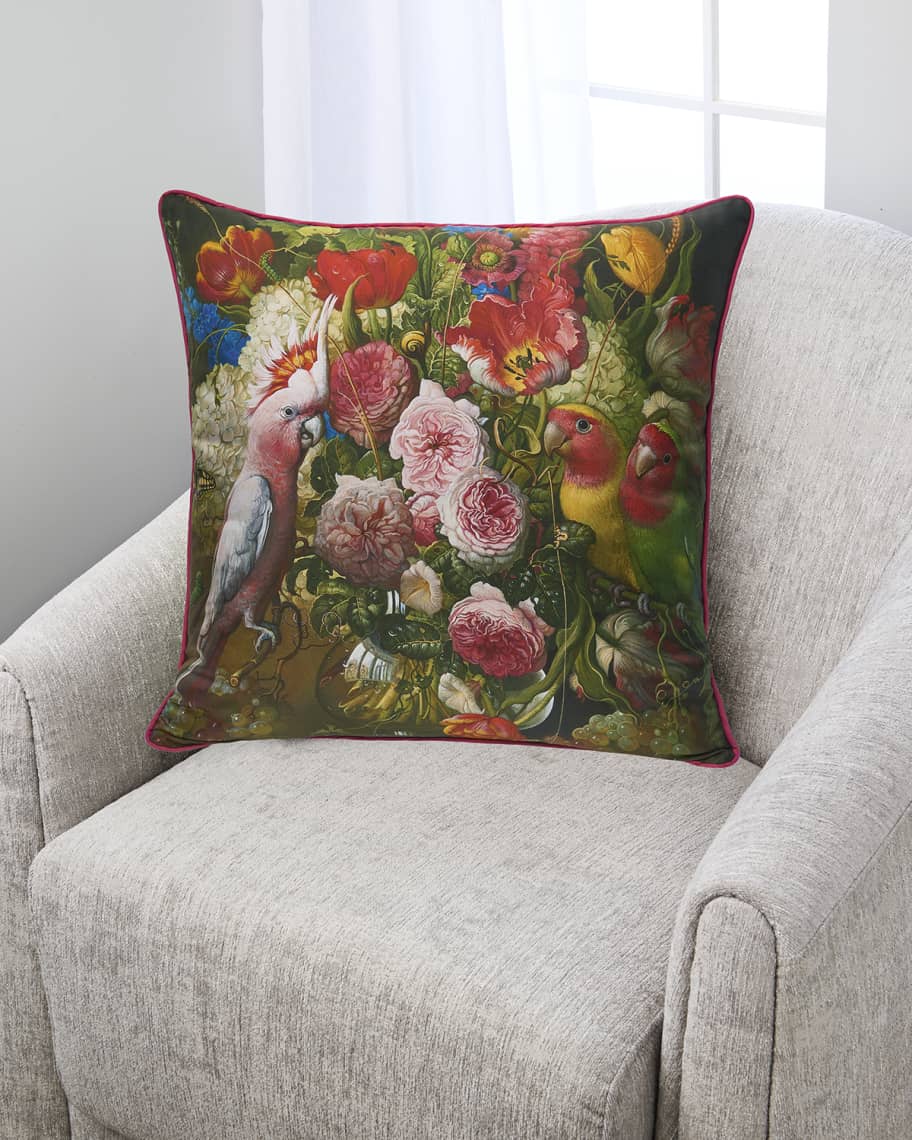 Image 1 of 2: Floral With Love Birds Silk Pillow