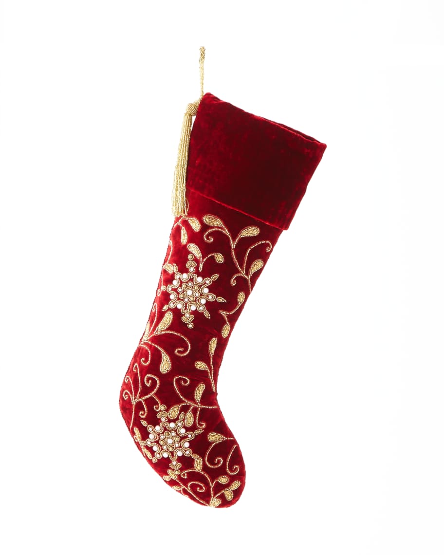 Sudha Pennathur Red Velvet Stocking with Pearlescent Embroidery | Horchow