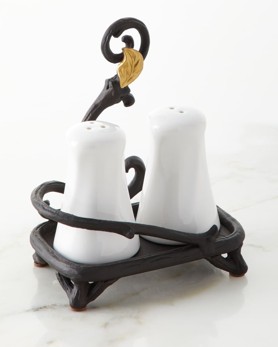 Image 1 of 2: White Stoneware Salt & Pepper Shakers with Metal Gold Leaf Base