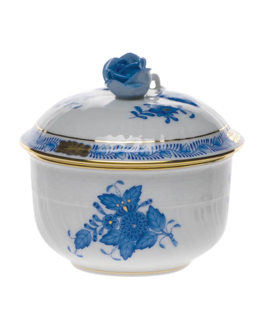 Image 1 of 1: Chinese Bouquet Blue Covered Sugar Bowl with Rose