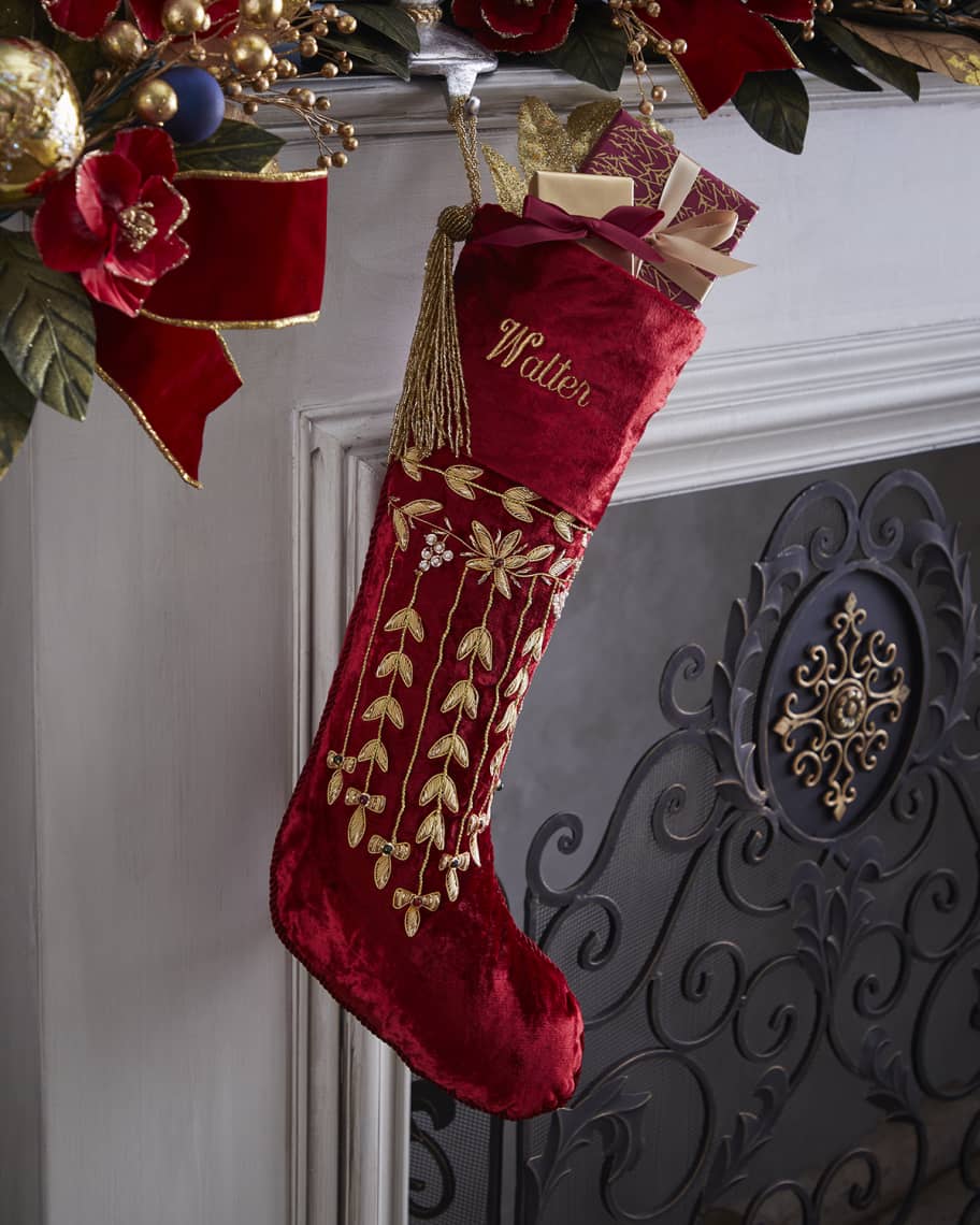 Image 1 of 1: Personalized Embroidered Holly Leaves Velvet Stocking