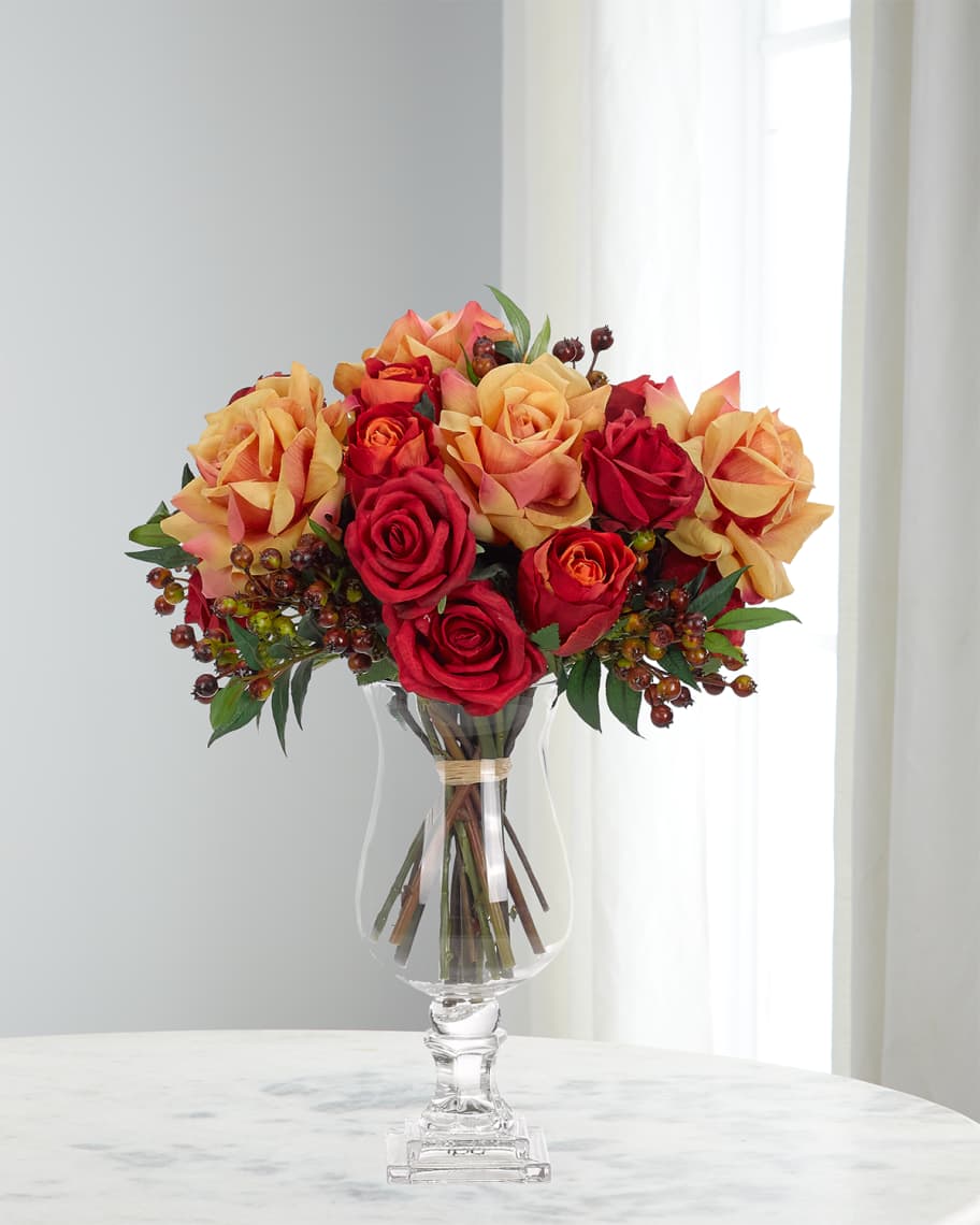 Image 1 of 1: Faux Red Orange Rose Arrangement in Urn Planter