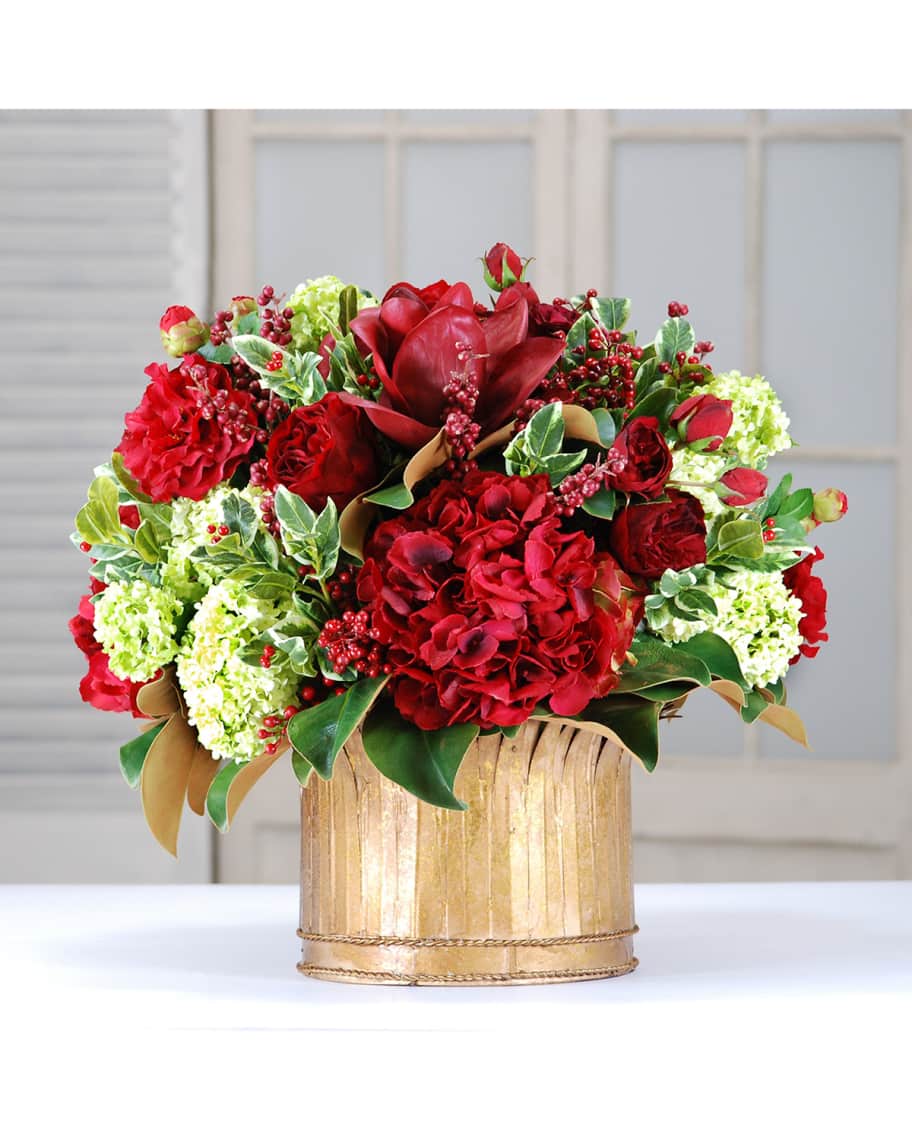 Winward Home Faux Rose Holly & Snowball Floral Arrangement in Gold