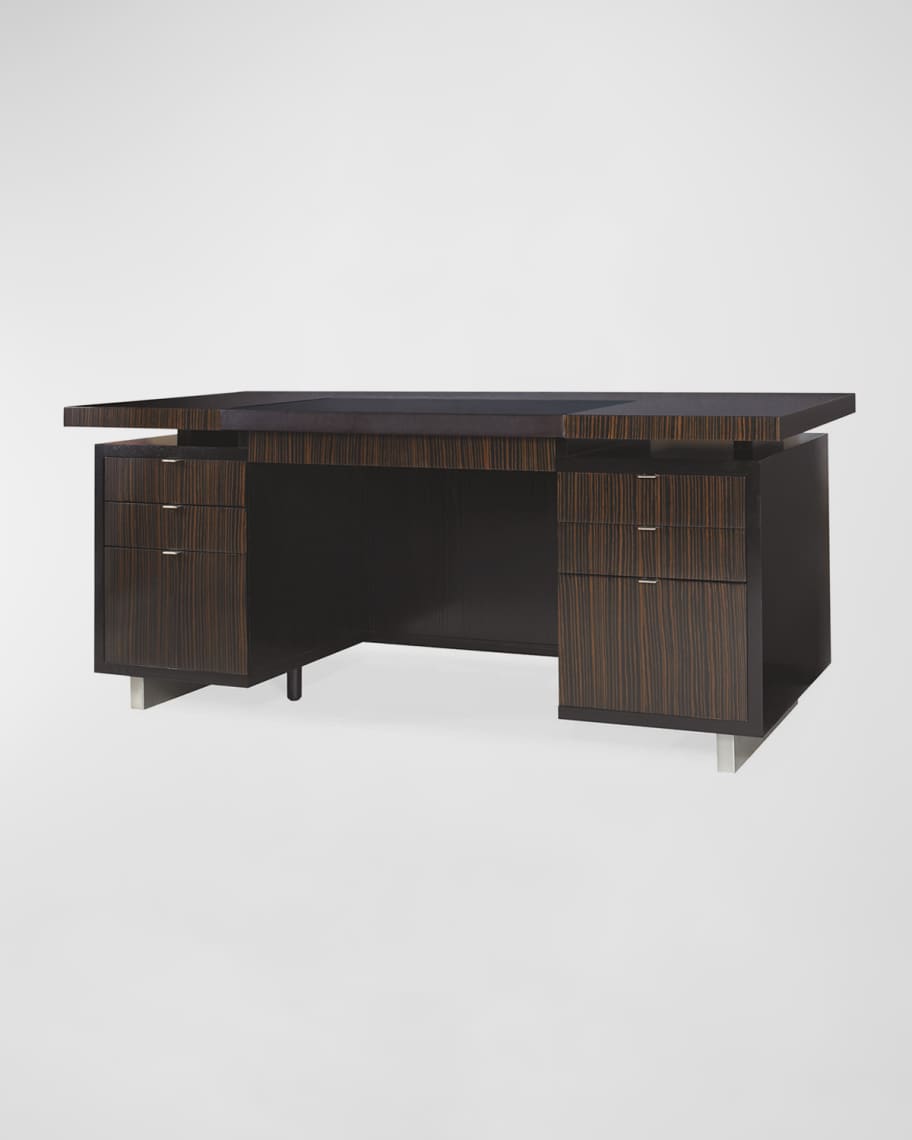 Image 1 of 5: Seven Drawer Desk With Black Leather Top 