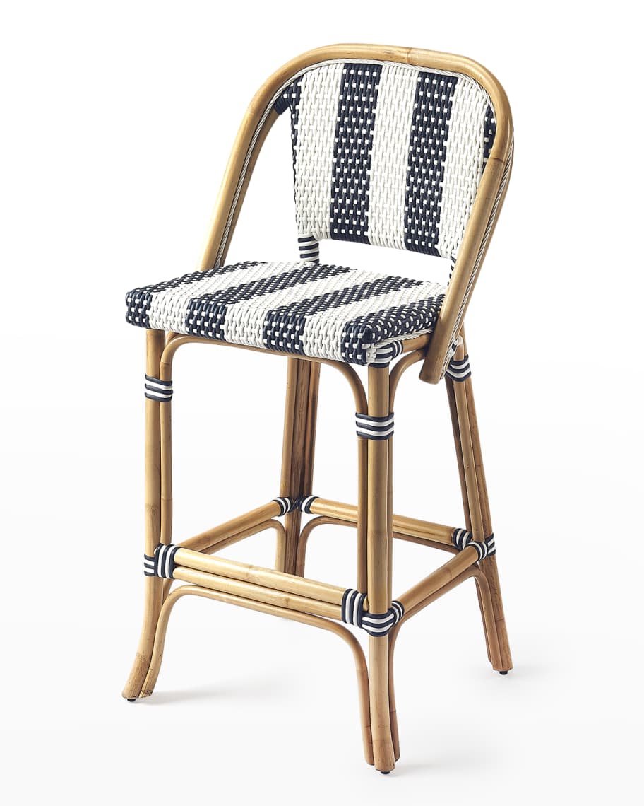 Image 2 of 5: Blue & White Stripe Rattan Bar Stool