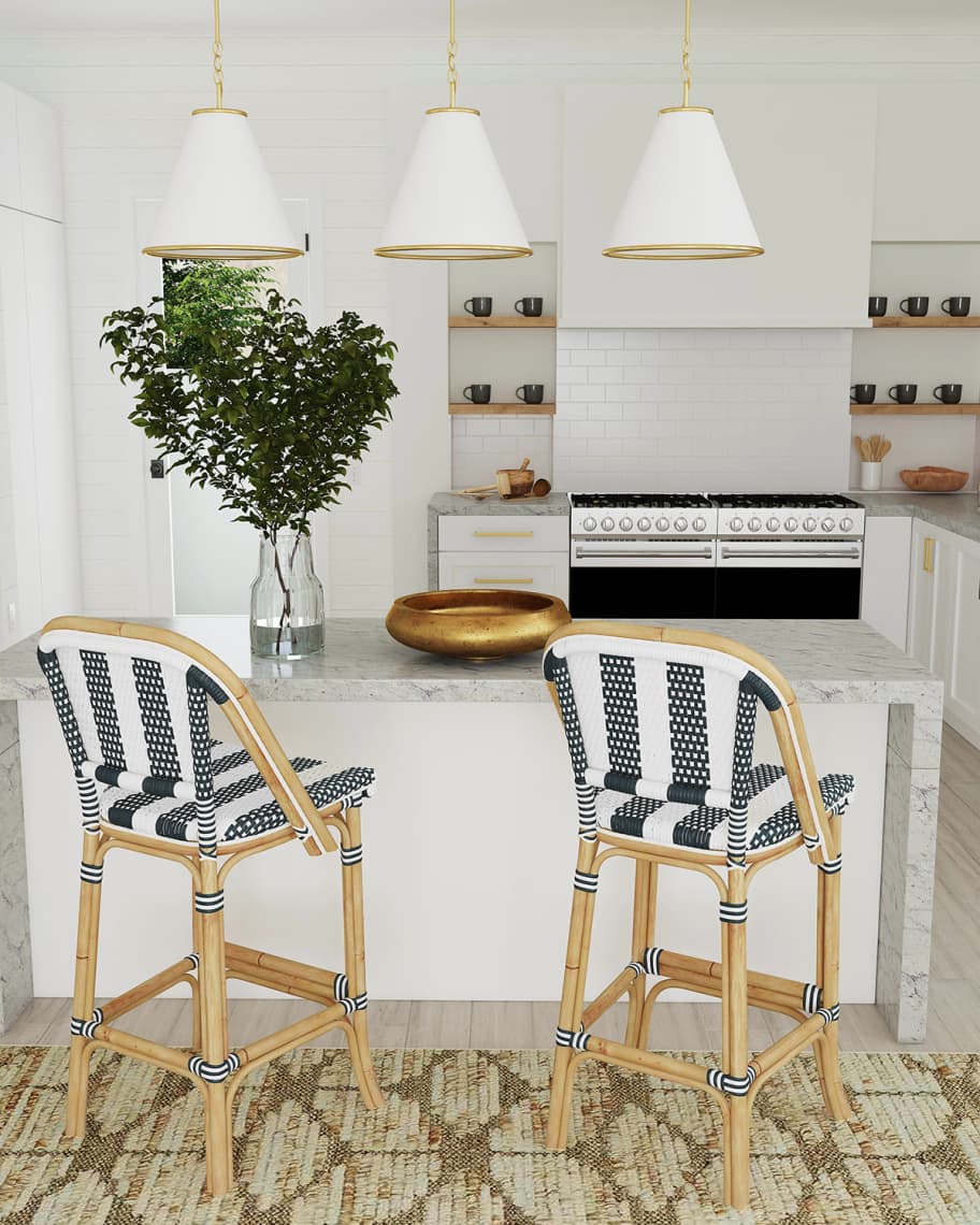Image 1 of 5: Blue & White Stripe Rattan Bar Stool