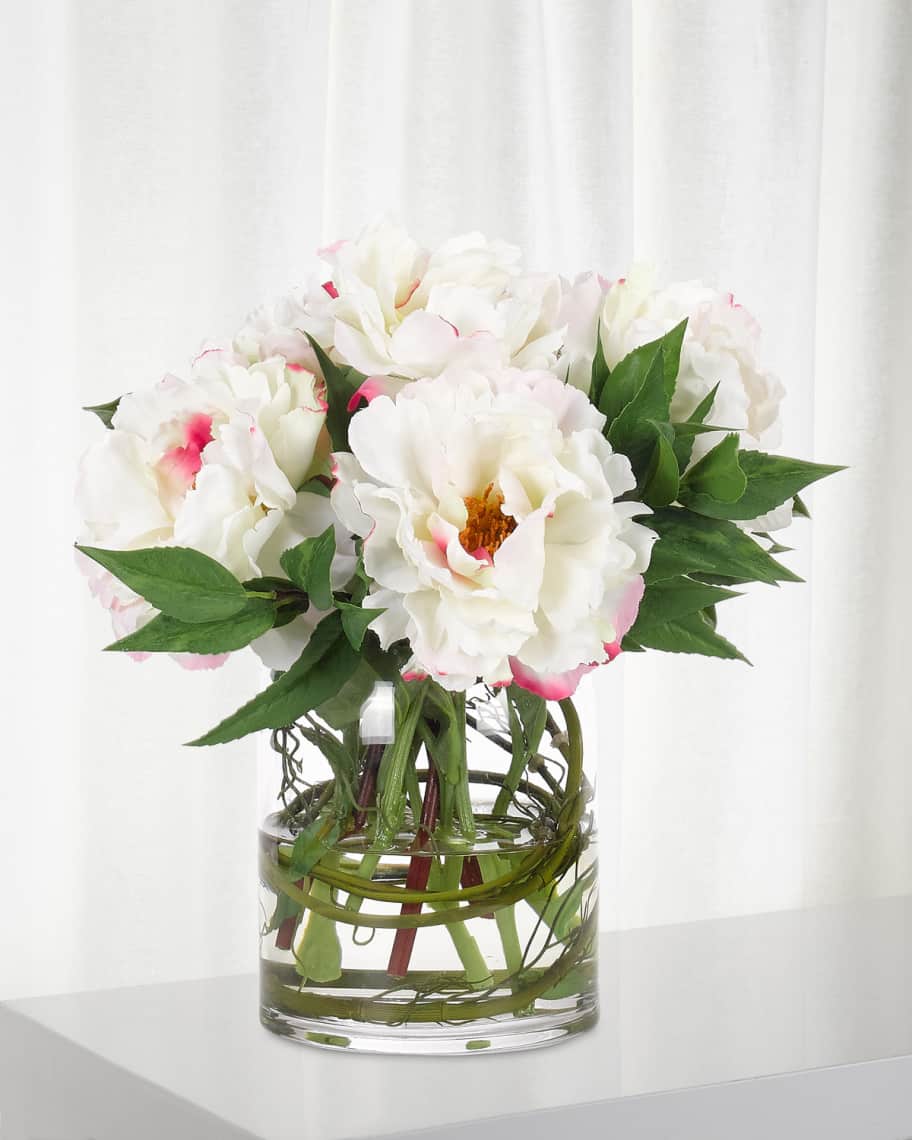 Image 1 of 1: Peony Faux-Floral Arrangement in Glass Vase, 12wx12dx11h