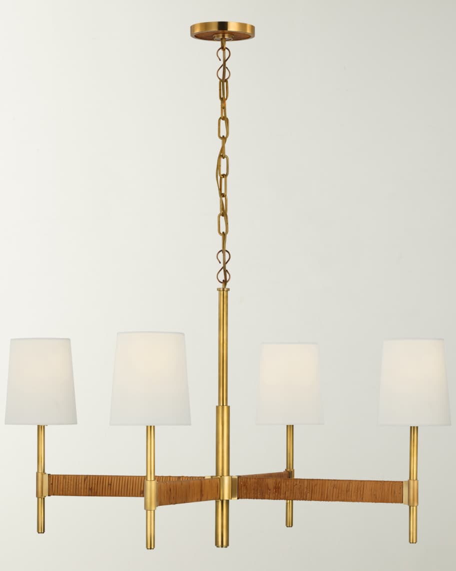 Elle Large Chandelier In Hand-Rubbed Antique Brass And Dark Rattan With  Linen Shades By Suzanne Kasler