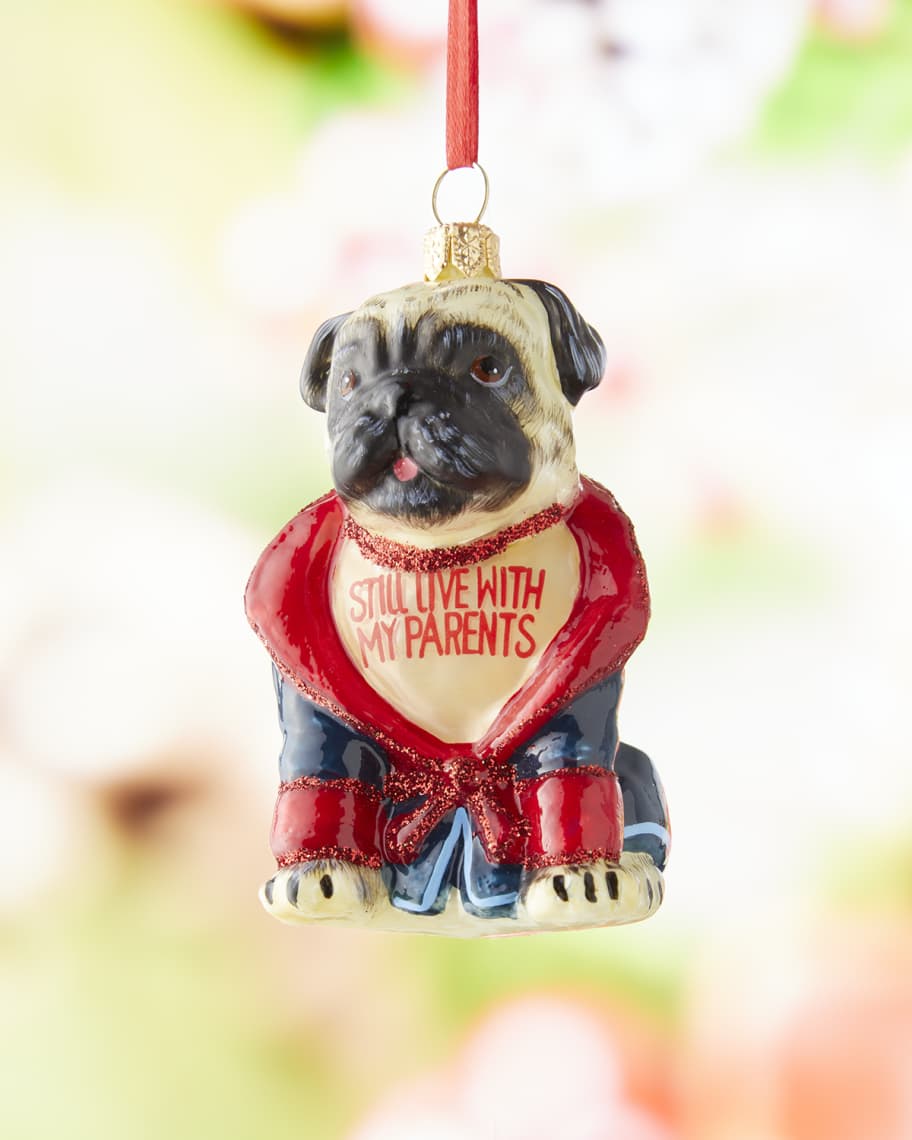 Pug Dog Holding a Christmas Present Ornament