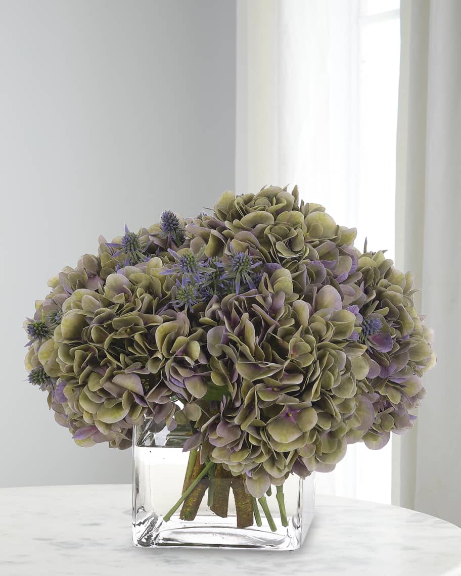 Image 1 of 1: Hydrangeas 14" Faux Floral Arrangement in Glass Cube