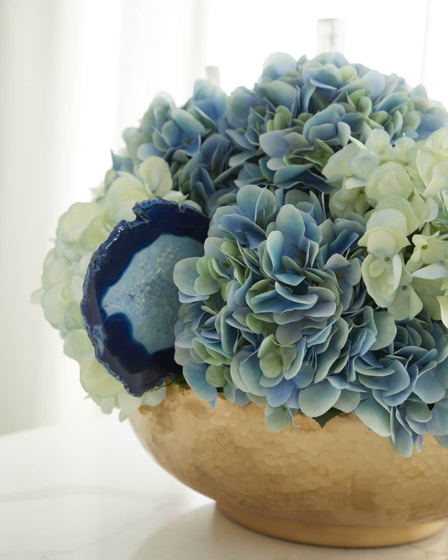 Image 2 of 3: Hydrangea Faux Floral Arrangement in Hammered Metal Bowl with Selenite and Agate Slabs - 17"