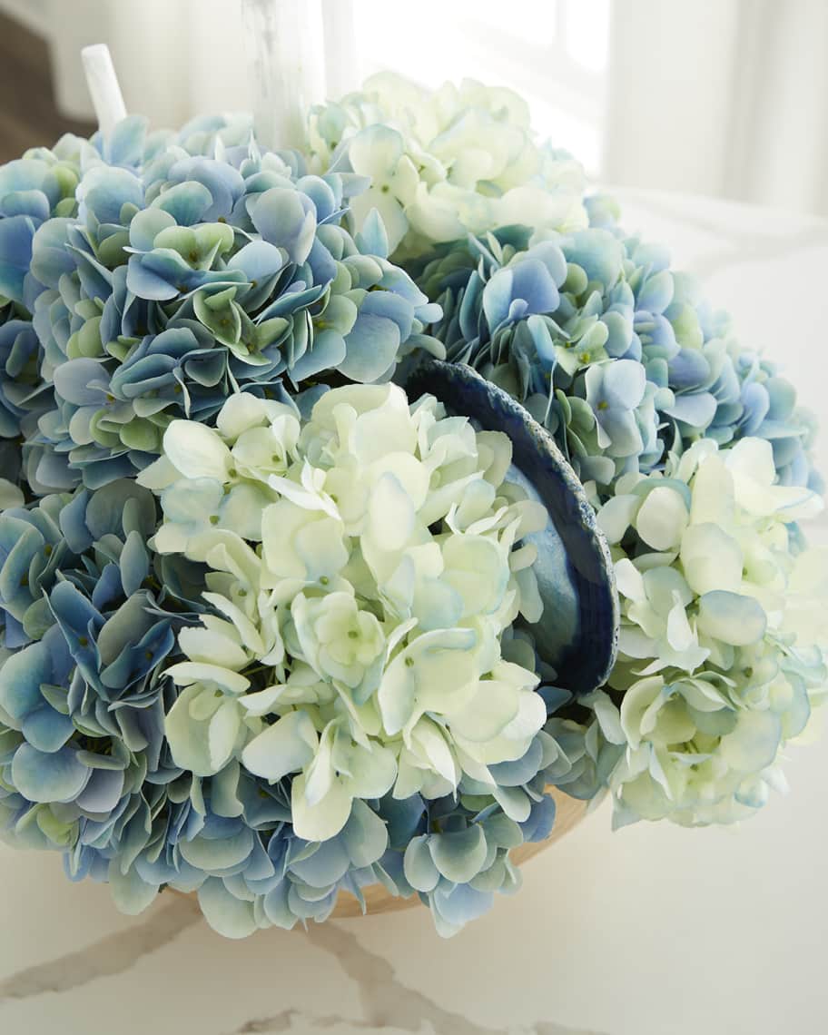 Image 3 of 3: Hydrangea Faux Floral Arrangement in Hammered Metal Bowl with Selenite and Agate Slabs - 17"