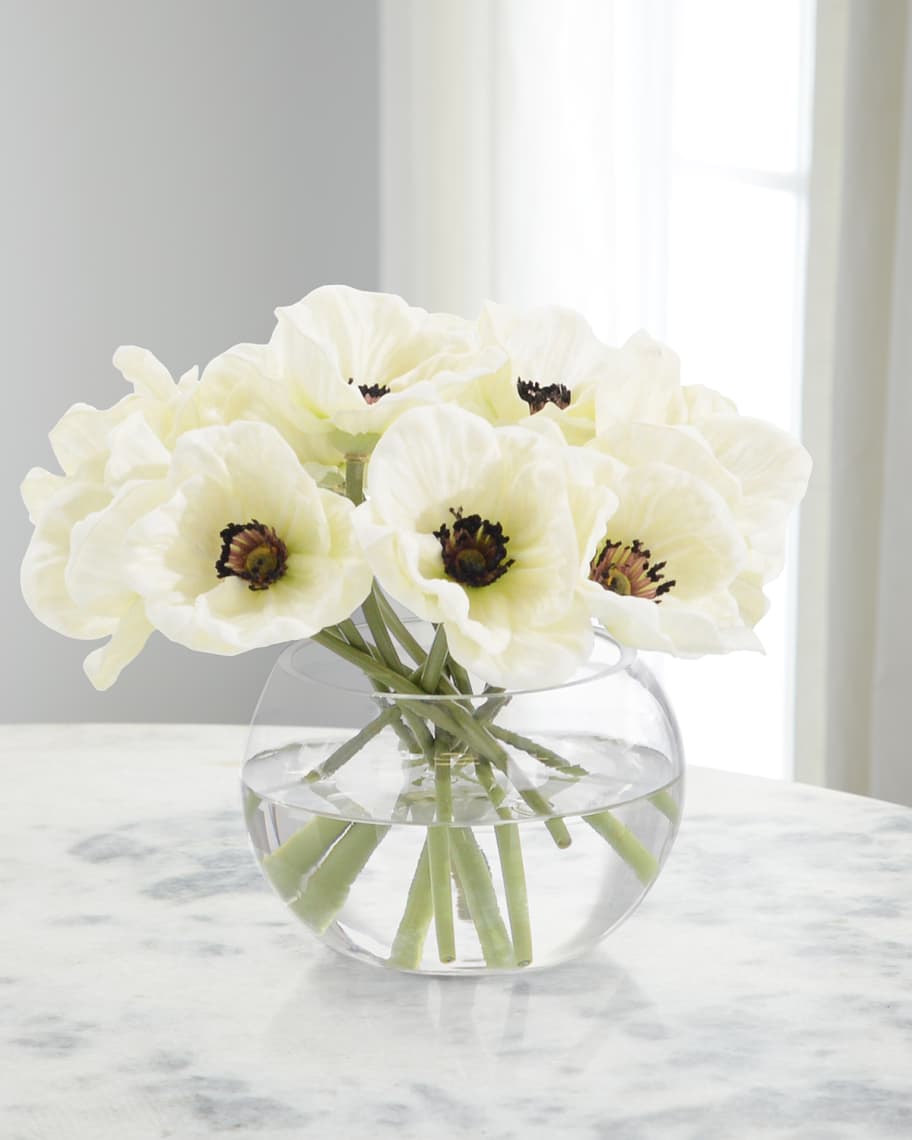 Image 1 of 2: Real Touch White Poppies 7" Faux Floral Arrangement in Glass Vase