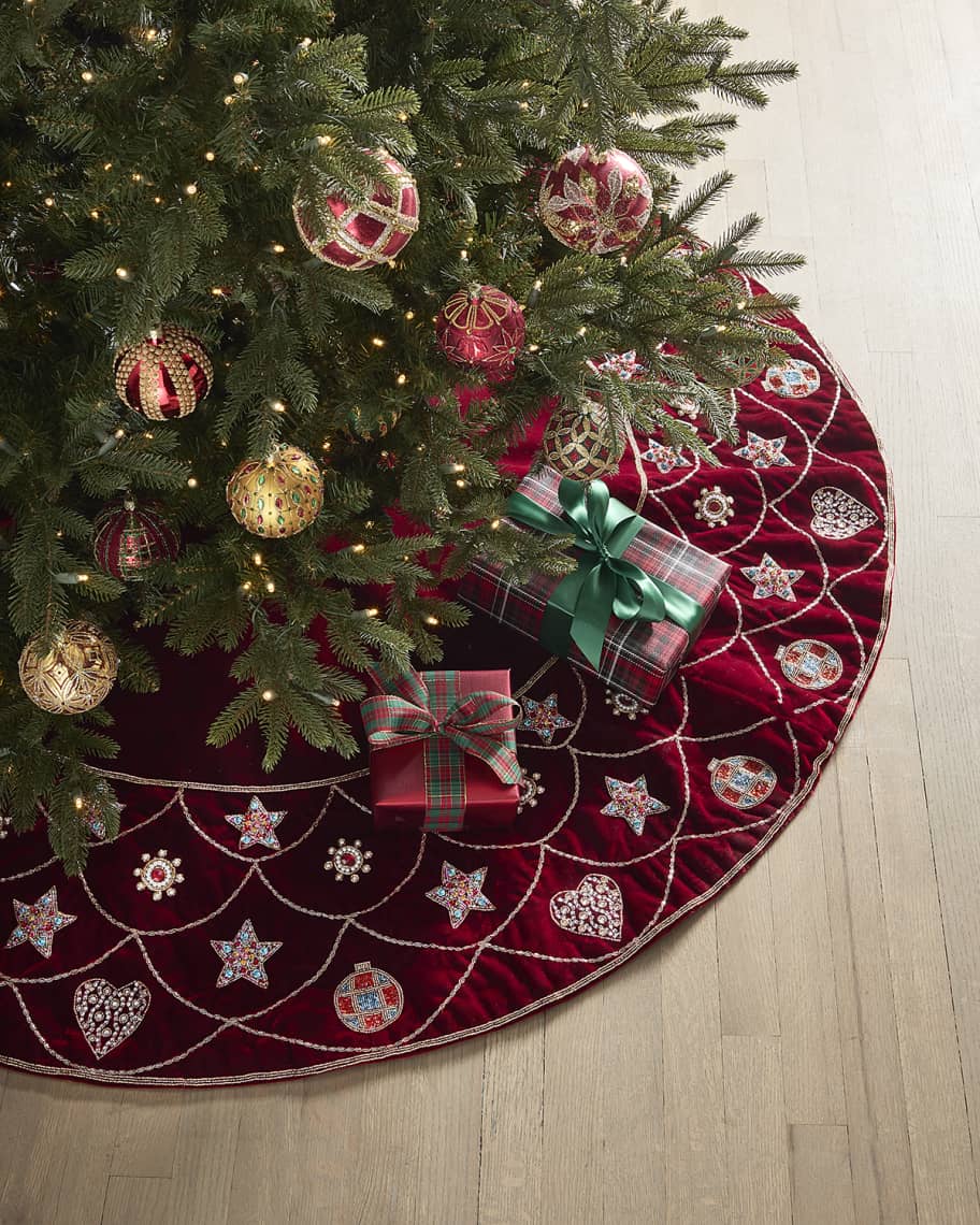 Image 1 of 1: 60" Velvet Embroidered Ornament Tree Skirt 